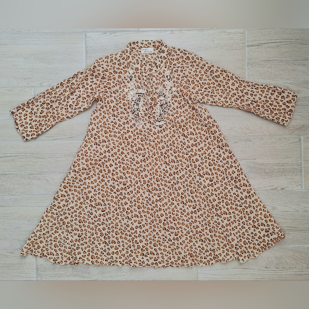 Antica Sartoria Leopard Print Embroidered 3/4 Sleeve Cotton Dress Size Small